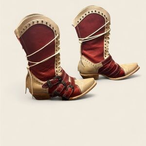 Freebird by Steven Winnie Like New Red and Cream Western Lace Up Boots